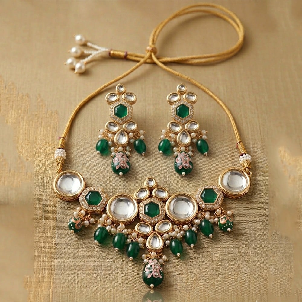 Handcrafted Emerald Elegance Kundan Necklace Set with Pearl Detailing